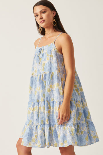 HY5966 Pink Mix Womens Front Tie Textured Floral Tiered Tank Dress Gif
